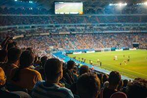 A crowd of people watching a soccer game photo