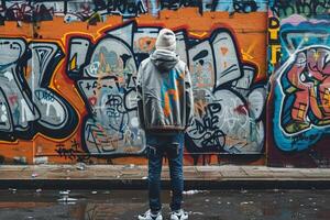 A man stands in front of a wall covered in graffiti photo