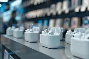 A row of white earbuds are displayed on a counter photo