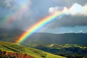 A rainbow is seen in the sky above a green hillside photo