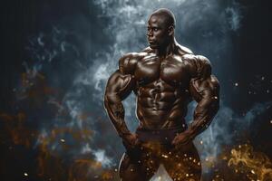 A muscular man stands in front of a dark background with smoke and sparks photo