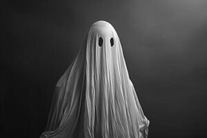 A ghostly figure is standing in front of a dark background photo