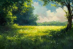 A painting of a field with a tree in the foreground photo