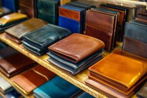 A row of leather wallets on a shelf, with some of them being brown photo