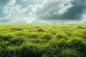 A field of grass is covered in dew and is surrounded by a cloudy sky photo