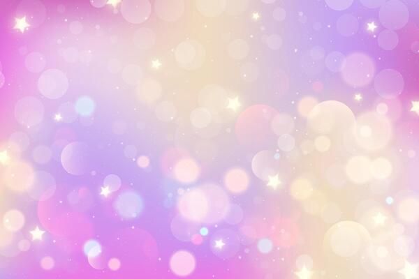 Pink unicorn background with stars and bokeh. Cute magic dreamy purple sky with sparkles. Lovely girly fairy watercolor gradient. pastel valentine wallpaper with iridescent gradation.