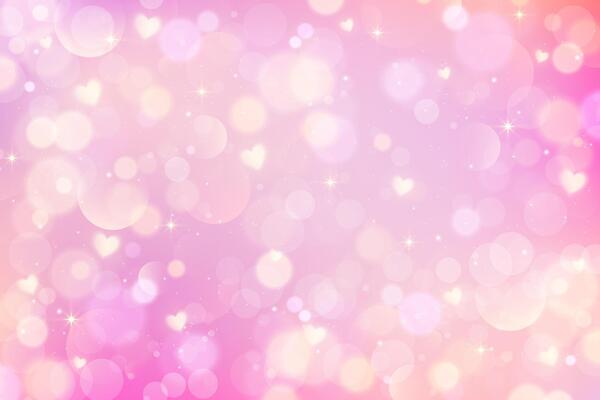 Pink lovely background with cute hearts and pattern of bokeh. Light pastel fantasy gradient sky with magic stars. Valentine Day blurred girly wallpaper. Dreamy glowing backdrop