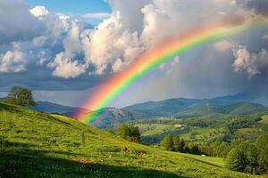 A rainbow is seen in the sky above a green field photo