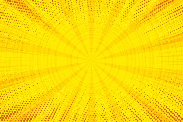 Comic background with yellow pop art cartoon pattern. Ray burst light with retro halftone effect. Orange abstract anime sunburst. Dotted summer explosion backdrop. Graphic vintage radial frame