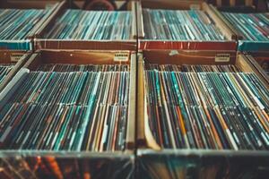 A large number of records are stacked in a box photo