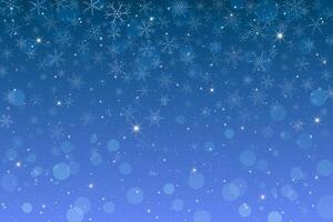 Winter night sky with dark blue background filled with stars and a galaxy, falling snowflakes, sparkling with bokeh effects. Celestial lights glow, creating a magical, cosmic atmosphere. vector