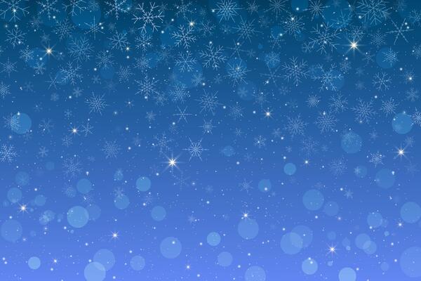Winter night sky with dark blue background filled with stars and a galaxy, falling snowflakes, sparkling with bokeh effects. Celestial lights glow, creating a magical, cosmic atmosphere.