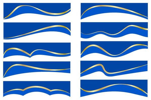 Abstract border shapes for banner design. Header with golden sections on white background. Website page templates. Top and separator modern elements. Simple blue wavy horizontal menu for site.