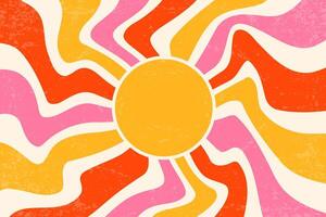 Sunrays retro background. Vintage summer 70s poster. Abstract swirl groovy design with grunge texture. Old paper banner with psychedelic orange and pink spiral beams on pastel backdrop. vector