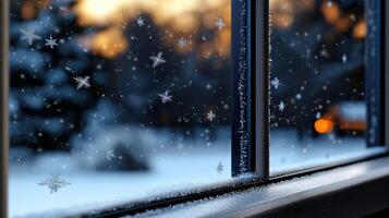 A window with snow falling on it and a tree in the background photo