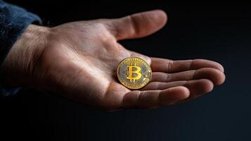 A man holding a bitcoin in his hand photo