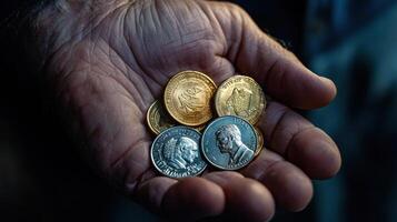 A man holding a handful of coins photo