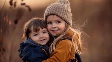 Two young children are hugging each other in a field photo