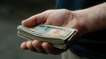 A man holding a stack of money in his hand photo