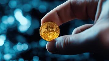 A person holding a gold bitcoin coin photo