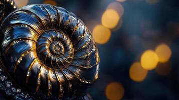 A shiny, gold spiral shell with a blue background photo