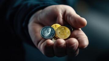 A person holding a handful of coins with a bitcoin in the middle photo