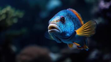 A blue and orange fish is swimming in a tank photo