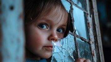A young girl looks through a broken window photo
