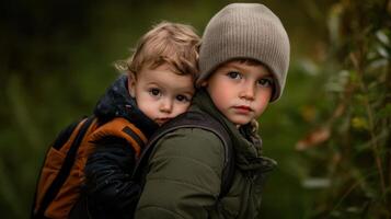 Two young boys are hugging each other, one wearing a hat photo