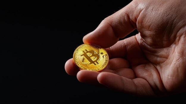 A person holding a gold bitcoin coin on a black background photo
