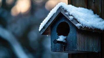 A birdhouse with a roof covered in snow photo