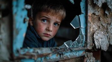 A young boy looks out a window of an old house photo