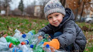 A young boy is sitting on the ground and picking up plastic bottles photo