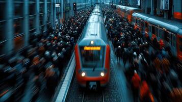A train is moving through a crowded city photo
