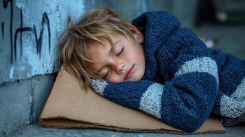 A young boy sleeping on a cardboard box photo