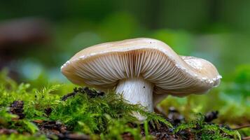 A mushroom is sitting on the ground in the forest photo