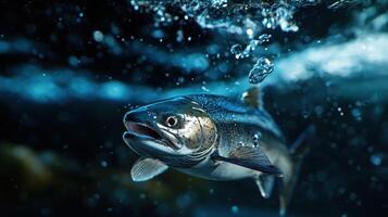 A fish is swimming under water with water splashing photo