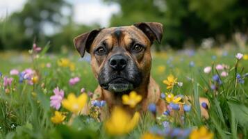 A dog is sitting in a field of flowers photo