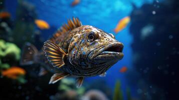 A fish swimming in the ocean with lots of fish photo