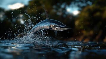 A blue marlin jumping out of the water photo