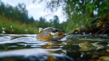 A brown trout is swimming in a river photo