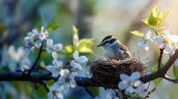 A bird is sitting on a branch in a nest photo