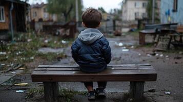 A young boy sitting on a bench in a city photo