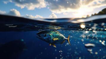 A fish swimming in the ocean with a sun in the background photo