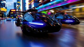 A futuristic car is driving down the street at night photo