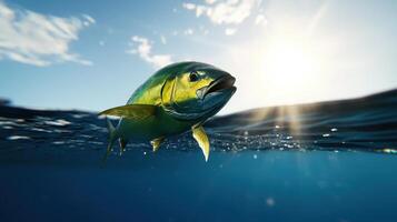 A yellow fish swimming in the ocean with the sun shining photo
