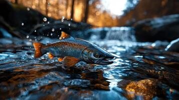 A fish is jumping in the water near a waterfall photo