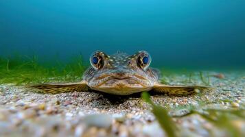 A fish with big eyes and a long neck is sitting on the sand photo