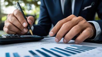 Businessman's hands writing on paper with calculator photo