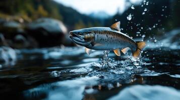A fish jumping out of the water with water splashing photo